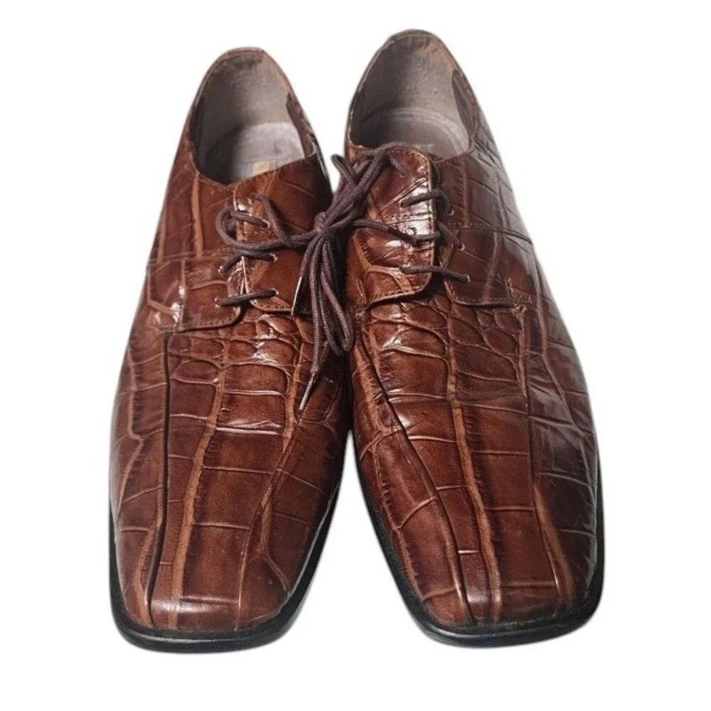 Stacy Adams Croc-Embossed Brown Leather Dress Shoes Size 10.5 Square Toe Vintage